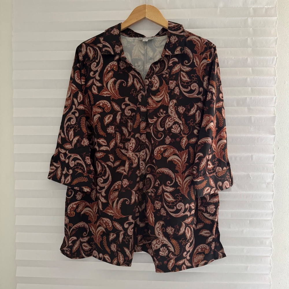 Catherines Womens 0X Brown‎ Paisley Button Front Tunic Top 3/4 Sleeve Blouse